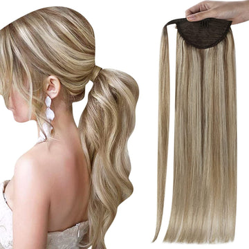 Ponytail 100% Remy Human Hair Extensions  Color 8 Ash Brown Highlight 60 Platinum Blonde(#8P60) - FShine Shop